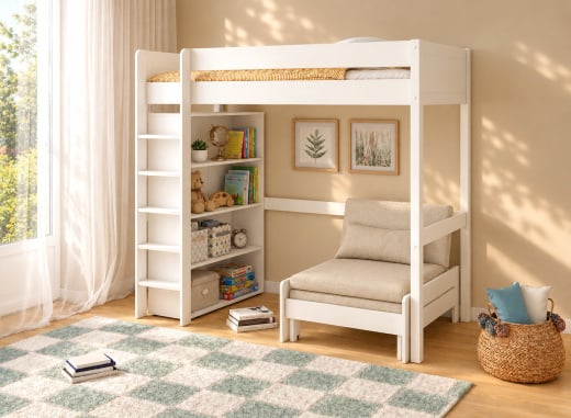 Hochbett mit Schlafsessel und Bücherregal ARTHUS