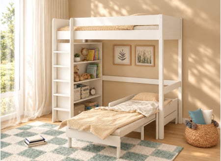 Letto a soppalco con poltrona convertibile e libreria ARTHUS - Bianco