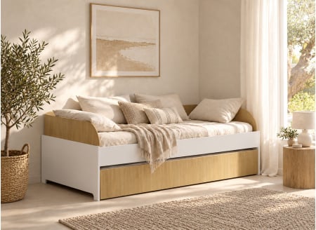 Lit banquette gigogne MANLY blanc et chêne – tiroir fermé