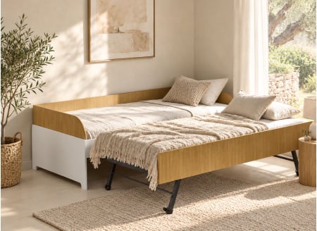 Lit banquette gigogne MANLY blanc et chêne – couchage relevé
