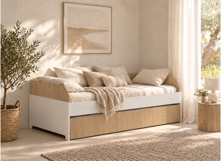 Lit banquette gigogne MANLY blanc et chêne – tiroir fermé