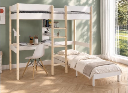 Cama alta con escritorio 90x200 y sillón convertible CALVI - Blanco/Pino