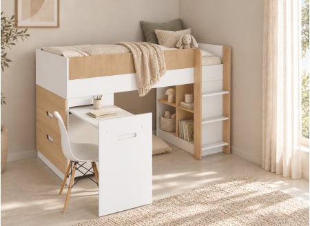 Halbhohes Bett mit Schreibtisch und Kommode 90x190 MANLY - Weiß/Eiche