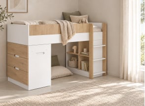 Letto a mezza altezza con scrivania e comò 90x190 MANLY - Bianco/Rovere