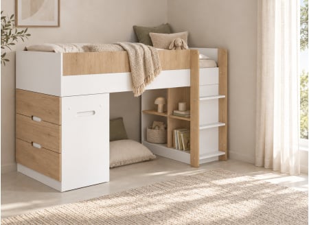 Lit MANLY blanc et chêne – bureau fermé en ambiance
