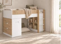 Lit MANLY blanc et chêne – bureau fermé en ambiance