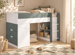 Halbhohes Bett mit Schreibtisch und Kommode 90x190 MANLY - Weiß/Grün