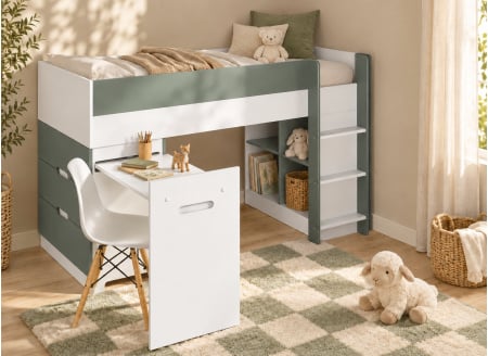 Halfhoogslaper met bureau en commode 90x190 MANLY - Wit/Groen