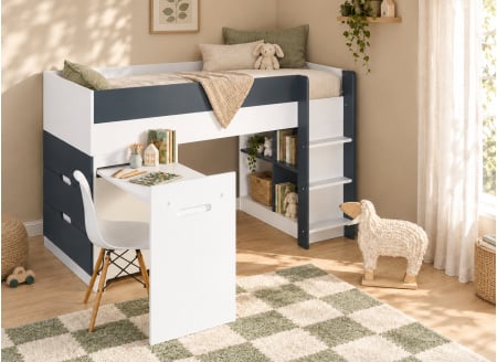 Letto a soppalco con scrivania e cassettiera 90x190 MANLY - Bianco/Blu