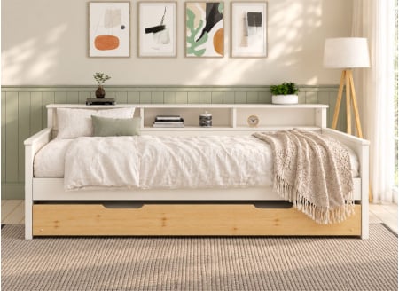 Ausziehbett OLIVER mit Stauraum 90x200 – Weiß/Kiefer