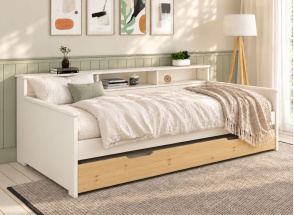OLIVER Twin Trundle Bed with Storage, 90x200 cm - White/Pine