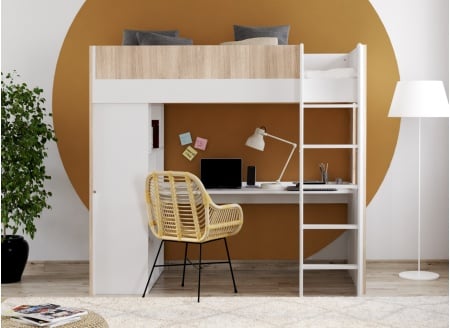 Lit mezzanine avec bureau BONDI - Blanc/Bois  - 1