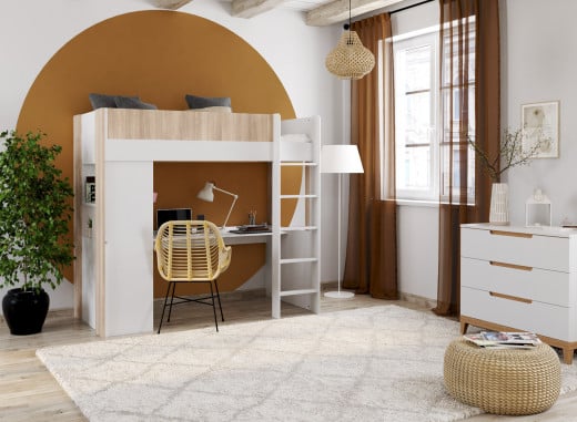 Lit mezzanine avec bureau BONDI - Blanc/Bois  - 2