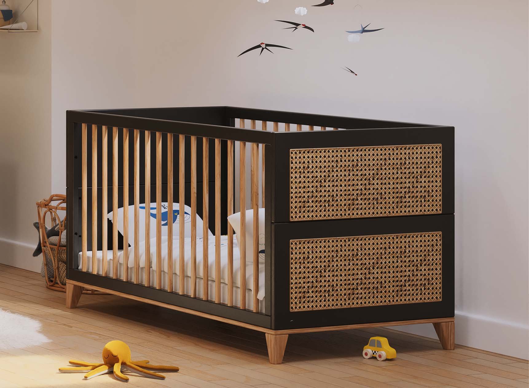 Lit bébé avec tiroir Lit Enfant avec Matelas, barreaux réglables en Hauteur  60x120 & barreaux Amovibles