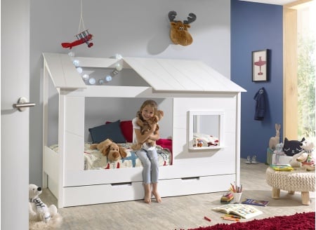 Lit cabane enfant 90x200 fenêtre et toit LYNN Blanc-2