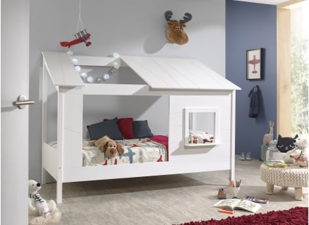 Lit cabane enfant 90x200 fenêtre et toit LYNN Blanc-1