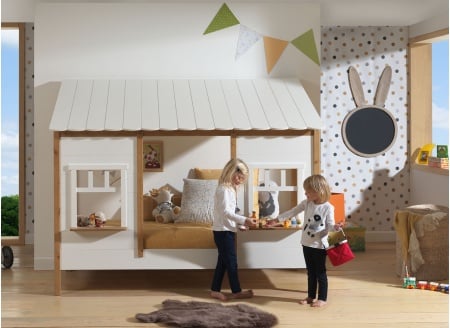 Lit cabane 90x200 2 fenêtres et toit BELLA Blanc/Bois-4