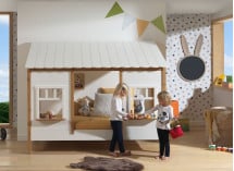 Lit cabane 90x200 2 fenêtres et toit BELLA Blanc/Bois-4