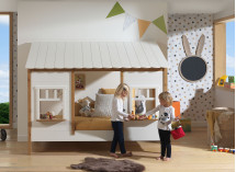 Lit cabane 90x200 2 fenêtres et toit BELLA Blanc/Bois-4