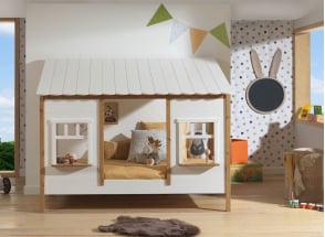 Lit cabane 90x200 2 fenêtres et toit BELLA Blanc/Bois-1