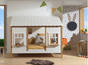 Lit cabane 90x200 2 fenêtres et toit BELLA Blanc/Bois-1