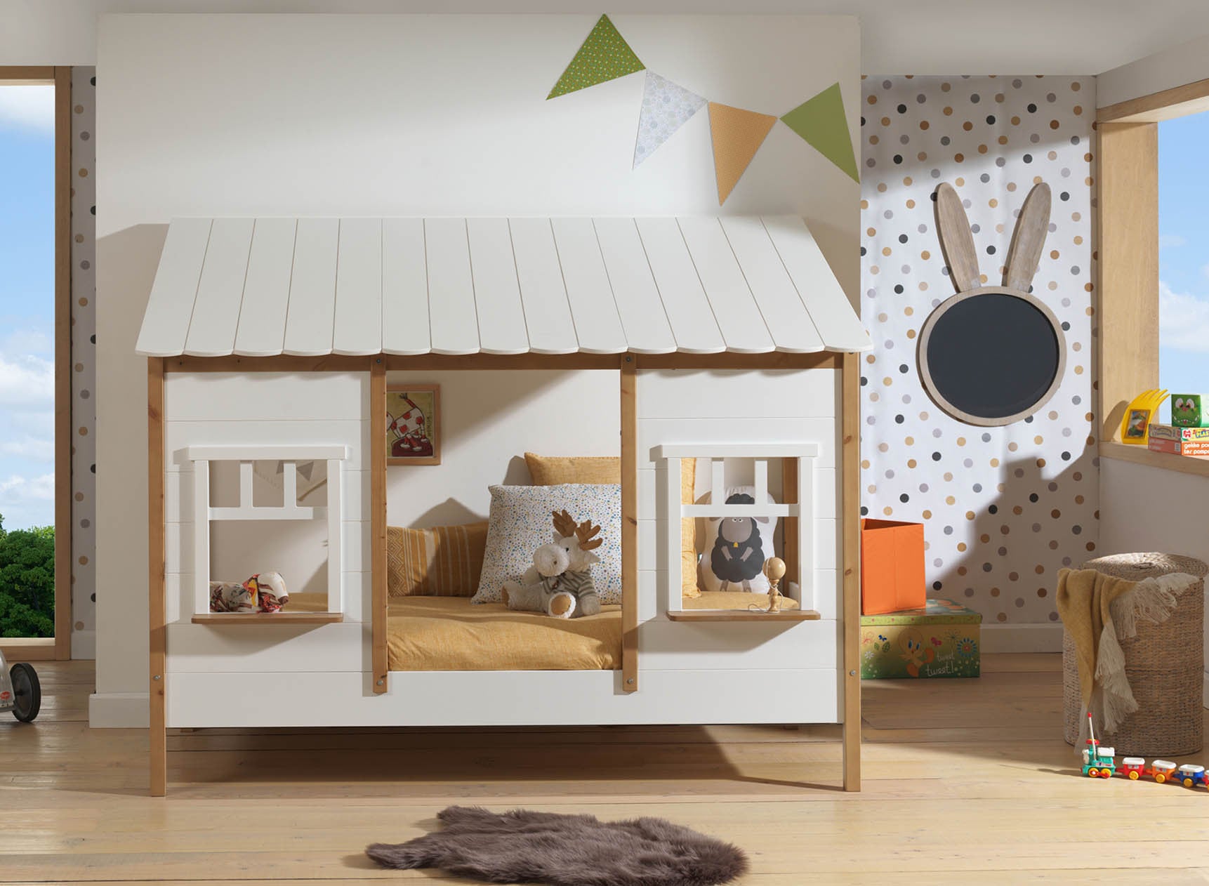 Lit cabane 90x200 2 fenêtres et toit BELLA Blanc/Bois-1