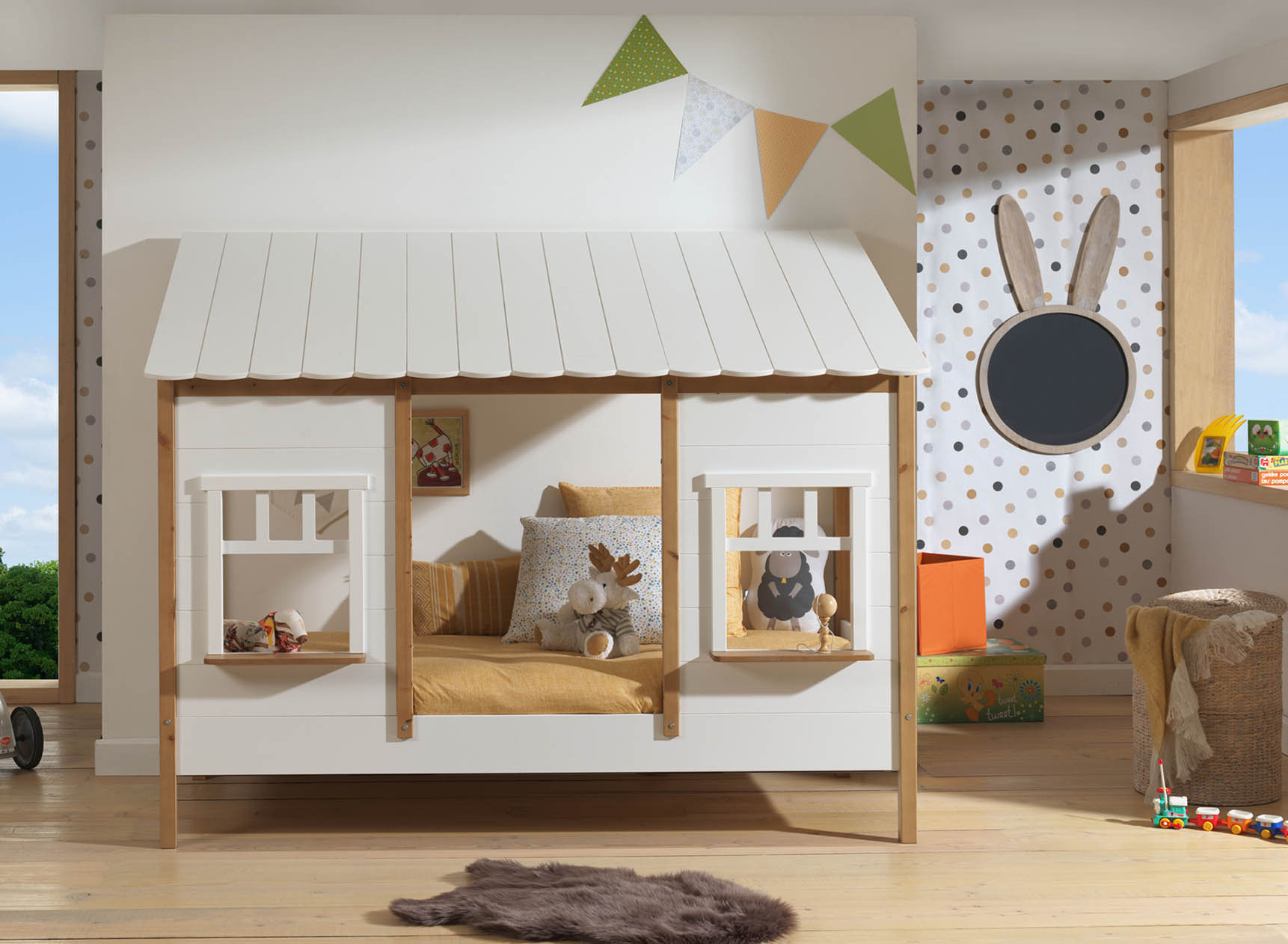Lit cabane 90x200 2 fenêtres et toit BELLA Blanc/Bois-1