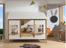 Lit cabane 90x200 2 fenêtres et toit BELLA Blanc/Bois-1