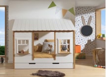 Lit cabane 90x200 2 fenêtres et toit BELLA Blanc/Bois-2
