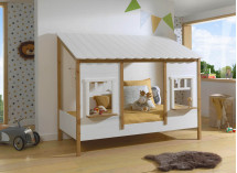 Lit cabane 90x200 2 fenêtres et toit BELLA Blanc/Bois-3