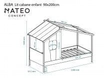 Lit cabane 90x200 avec fenêtre ALBA - Dimensions
