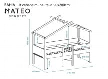 Lit cabane mi-hauteur 90x200 BAHIA - Blanc/Pin - 6