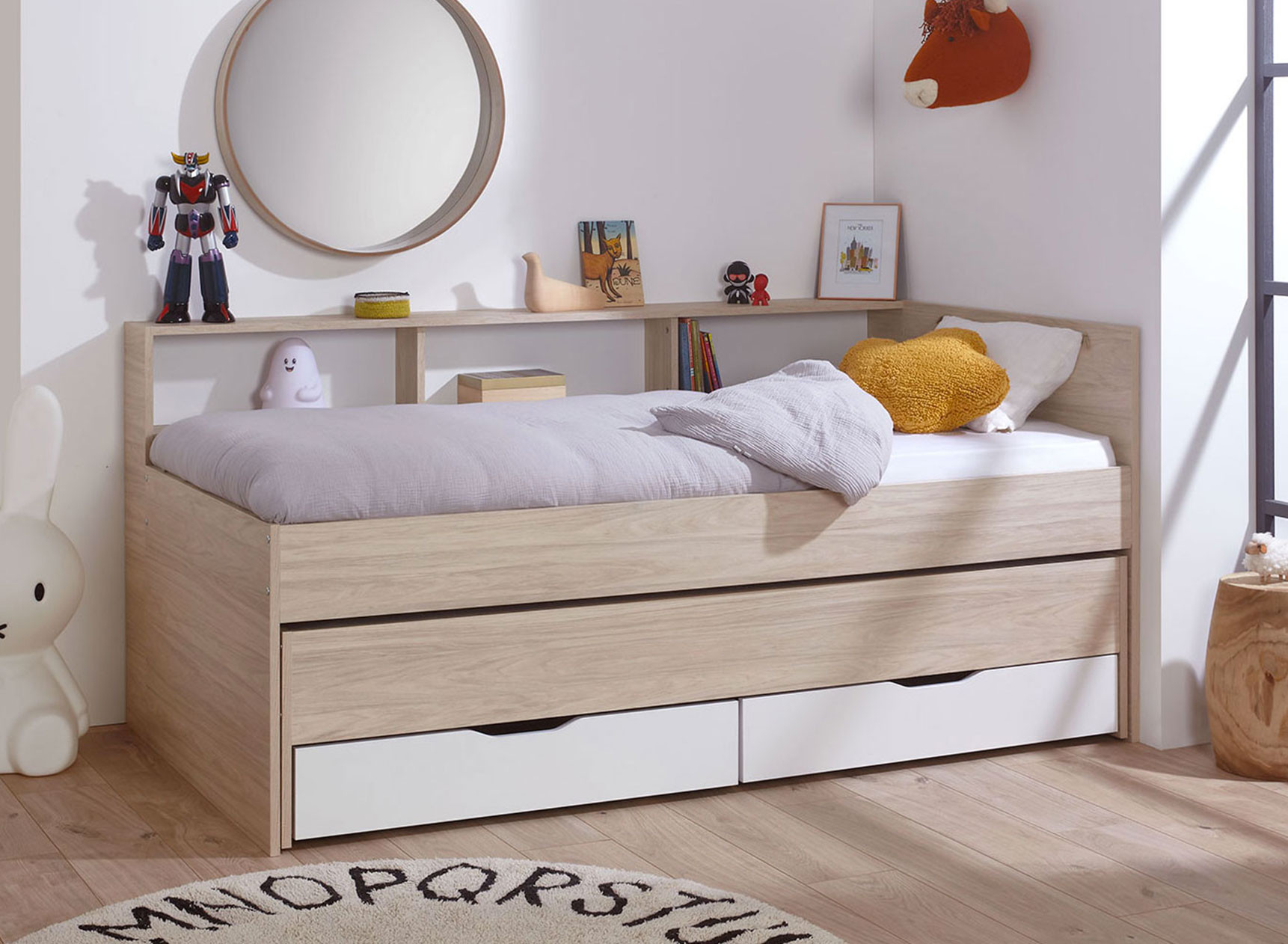 Lit gigogne 90x200 rangement OSLO Bois/Blanc - 1