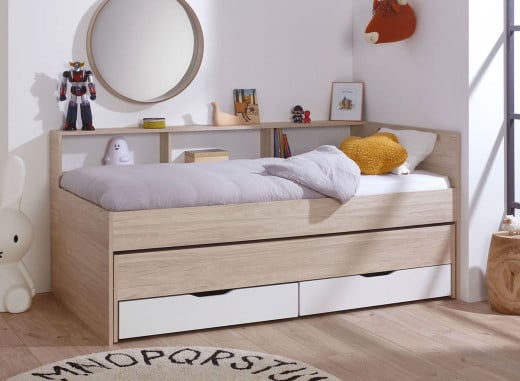 Lit gigogne 90x200 rangement OSLO Bois/Blanc - 1