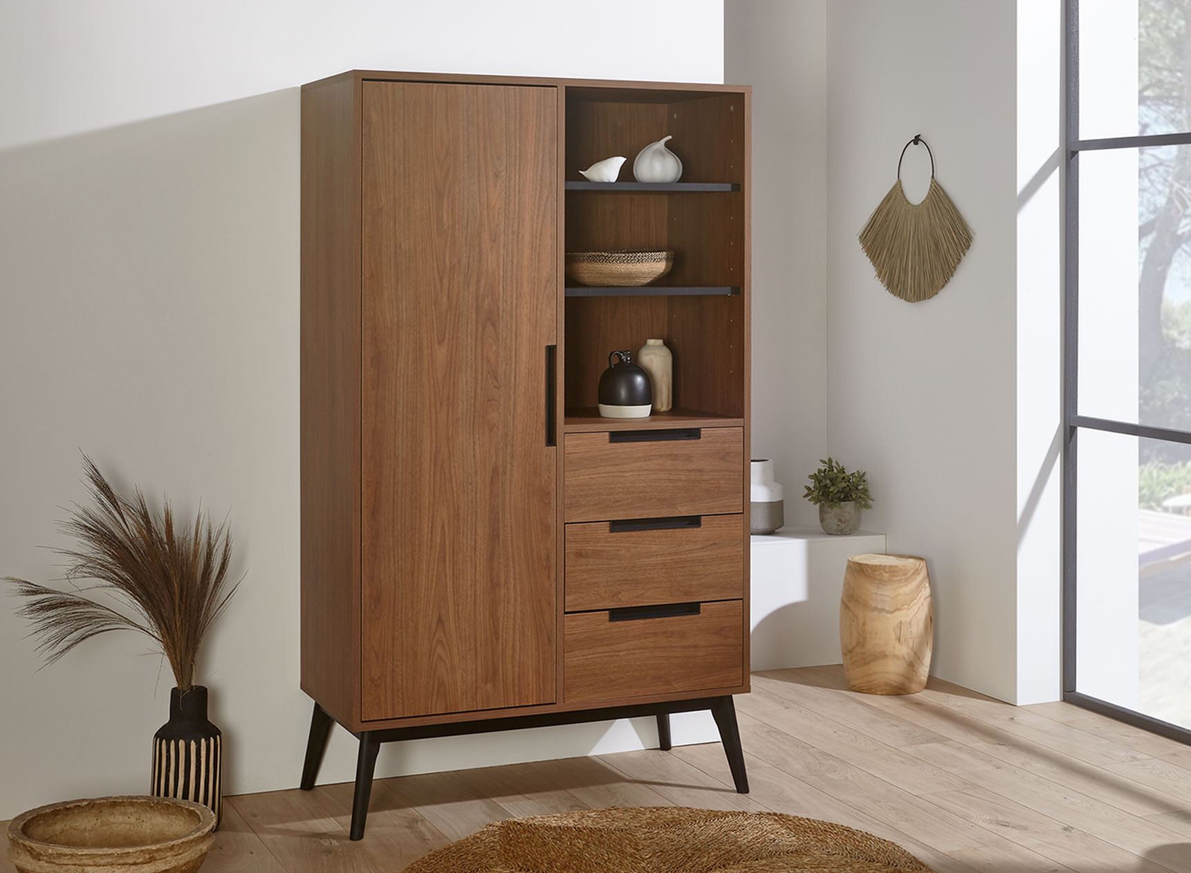 Armoire 1 porte 3 tiroirs VINTAGE Noyer - 1