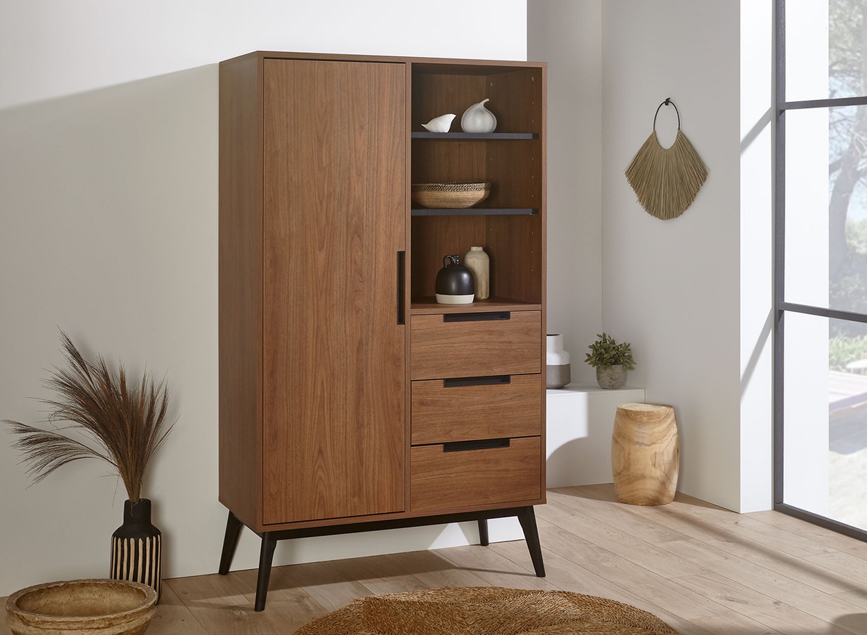 Armoire 1 porte 3 tiroirs VINTAGE Noyer - 1