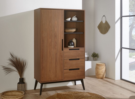 Armoire 1 porte 3 tiroirs VINTAGE Noyer - 1