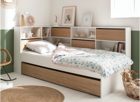 Lit gigogne rangement 90x190 MANLY - Blanc/Chêne - 1