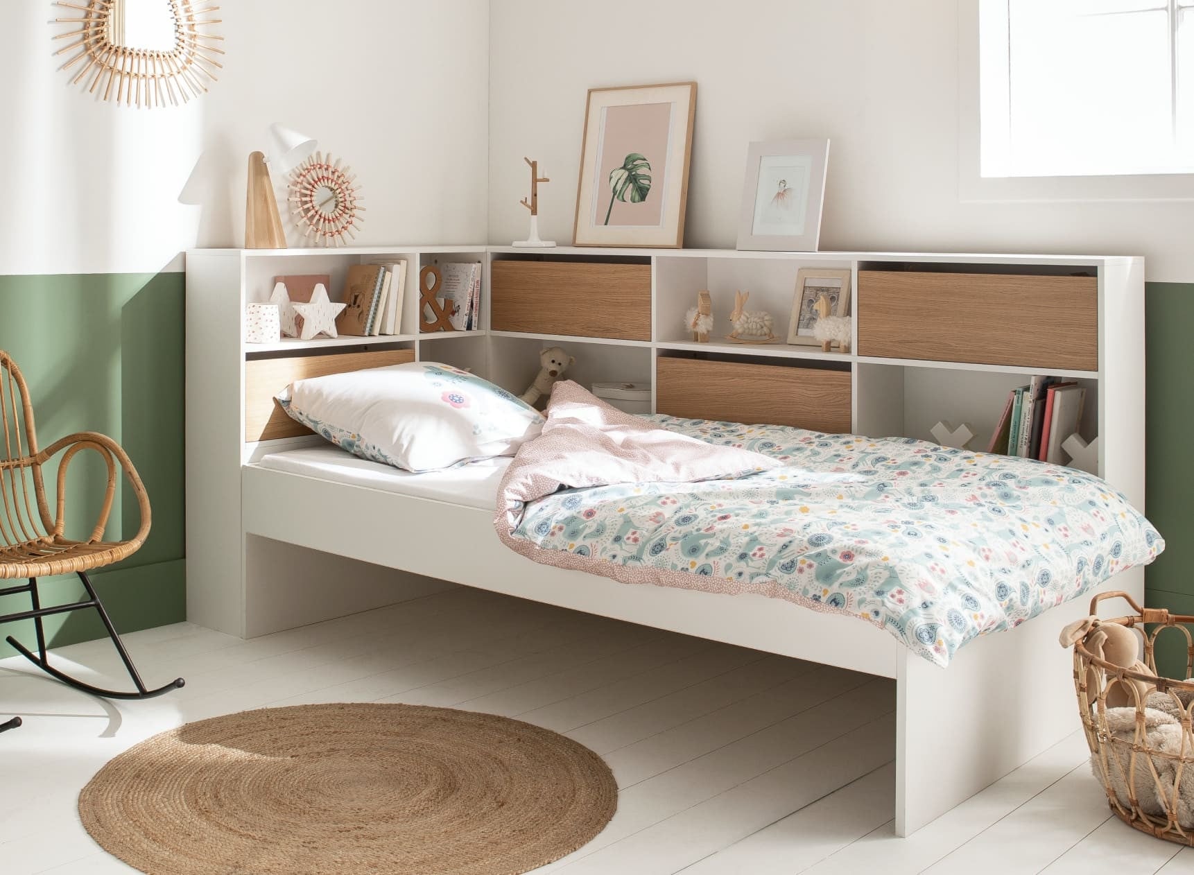 Lit enfant rangement 90x190 MANLY - Blanc/Chêne - 1