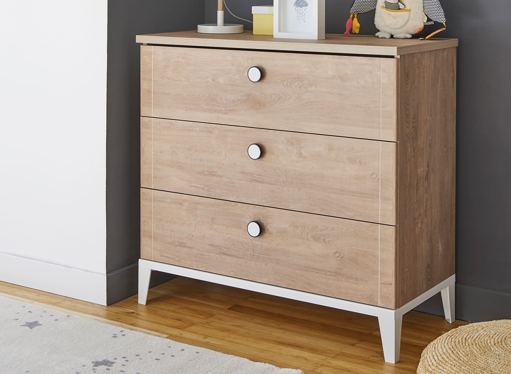 Commode 3 tiroirs ELLIOT Blanc/chêne - 1