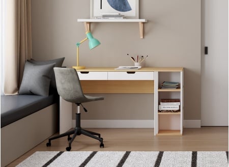 Bureau 2 tiroirs rangement ALBI Blanc/Chêne - 1