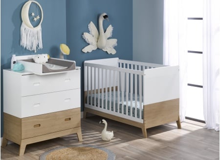 Chambre bébé Duo - lit bébé et commode EKKO - Blanc/Chêne lit à barreaux