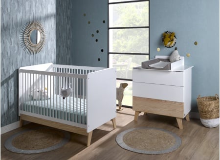 Chambre bébé Duo HAXO - Blanc/Pin lit à barreaux