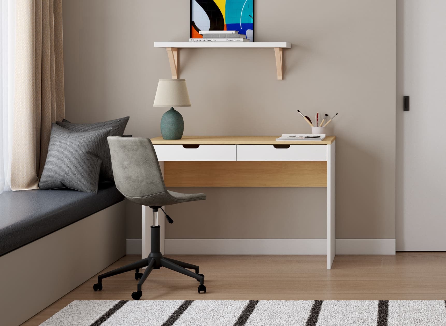 Bureau 2 tiroirs ALBI Blanc/Chêne - 1