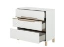 Commode 3 tiroirs ETHAN ouverte – Blanc et bois sur fond blanc
