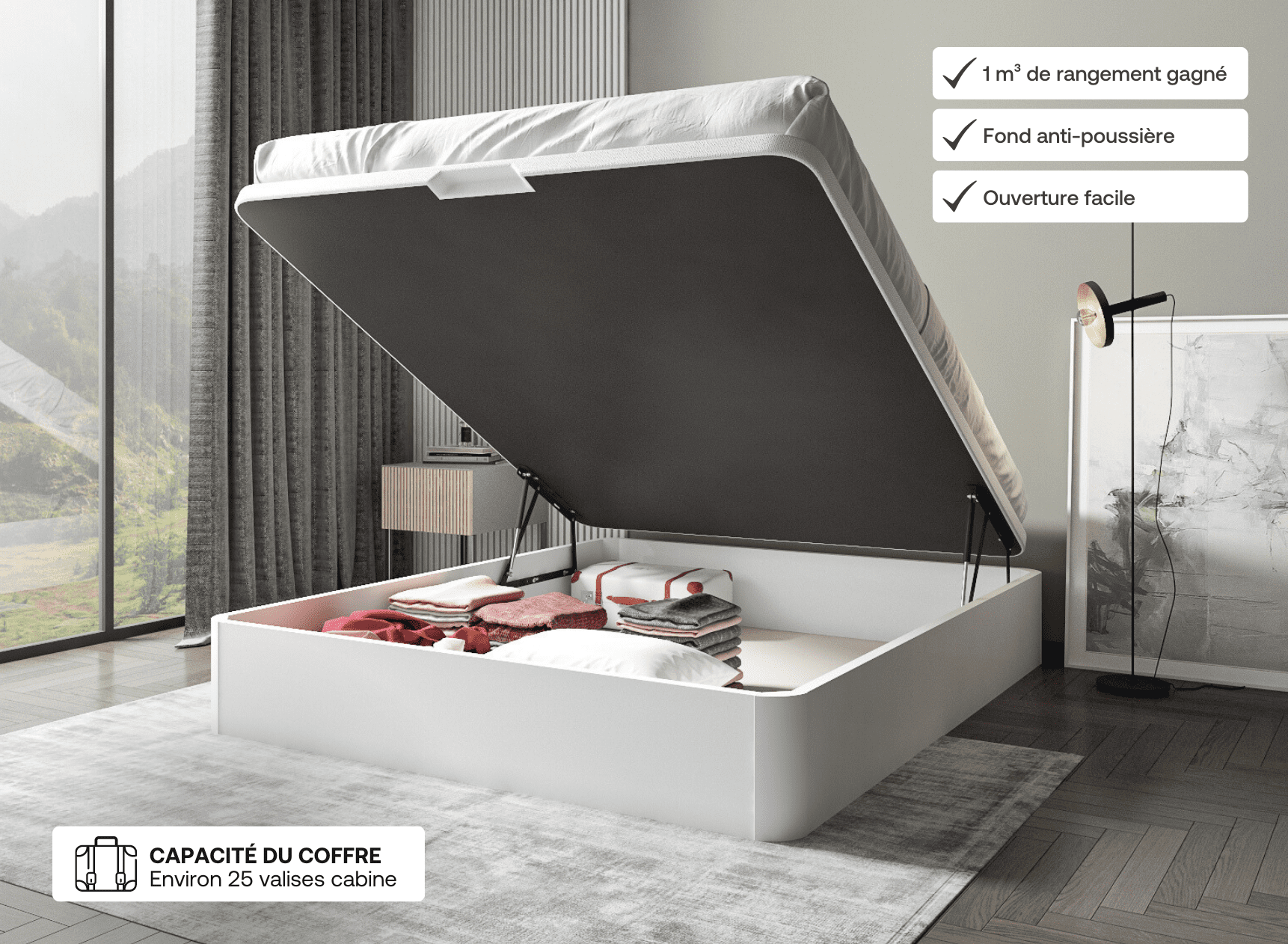Lit coffre 160 x 200 cm BASTIA Blanc - Ouvert