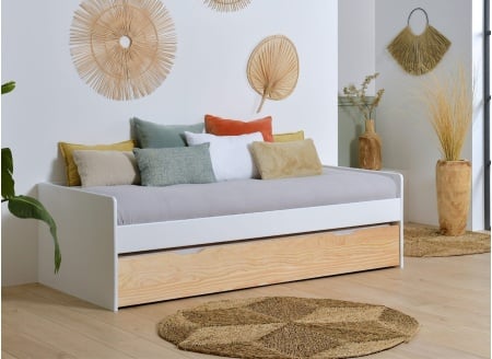 Lit gigogne banquette 90x190 Pin massif HOYA  Blanc - 1