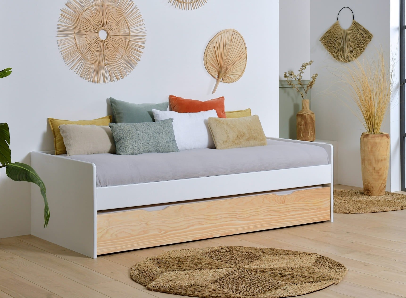 Lit gigogne banquette 90x190 Pin massif HOYA  Blanc - 1