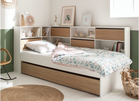 Lit gigogne avec rangement 90x190 MANLY Blanc/Chêne - 1