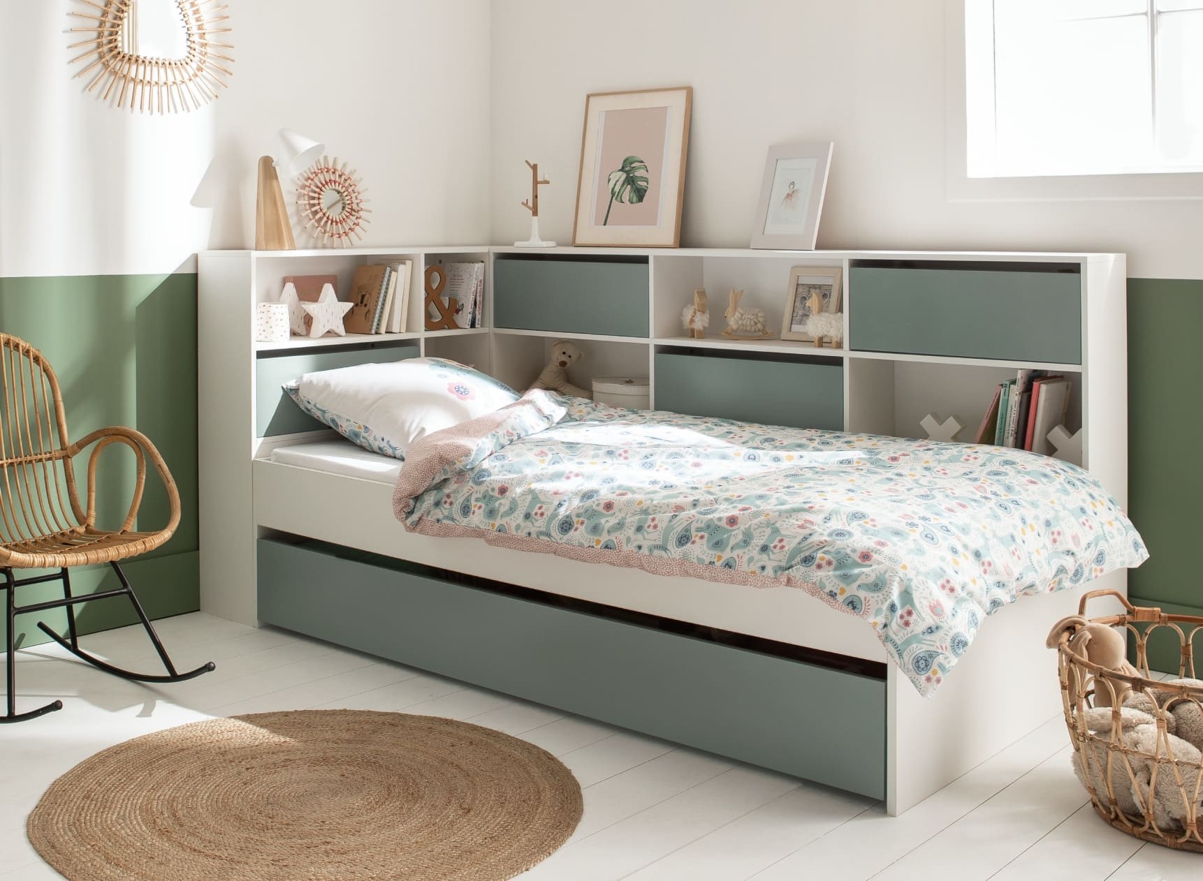 Lit gigogne avec rangement 90x190 MANLY Blanc/Vert - 1